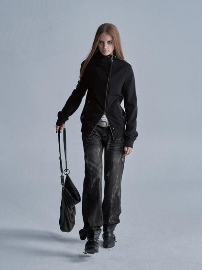 wear And tear Distressed Embroidered Multi Pocket Zip Women&