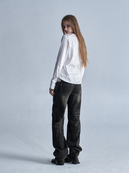 wear And tear Distressed Embroidered Multi Pocket Zip Women&