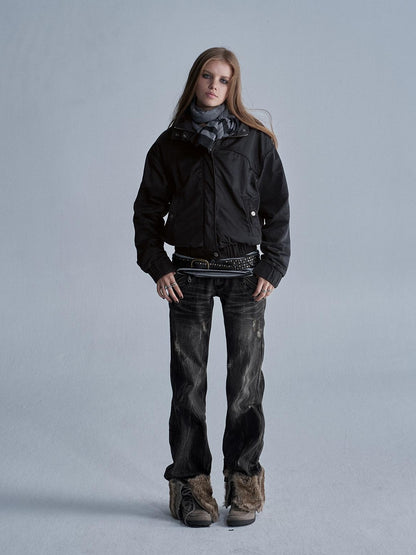 wear And tear Distressed Embroidered Multi Pocket Zip Women&