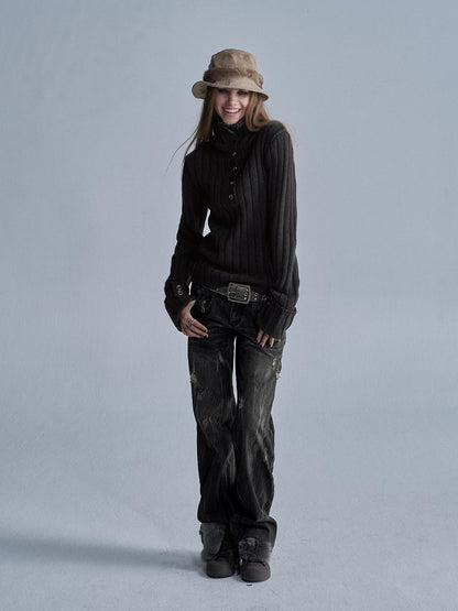 wear And tear Distressed Embroidered Multi Pocket Zip Women&