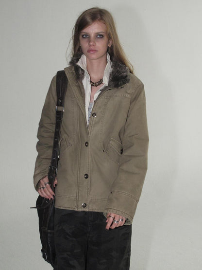 wear And tear Distressed Faded Split Metal Button Fleece Lined Women&