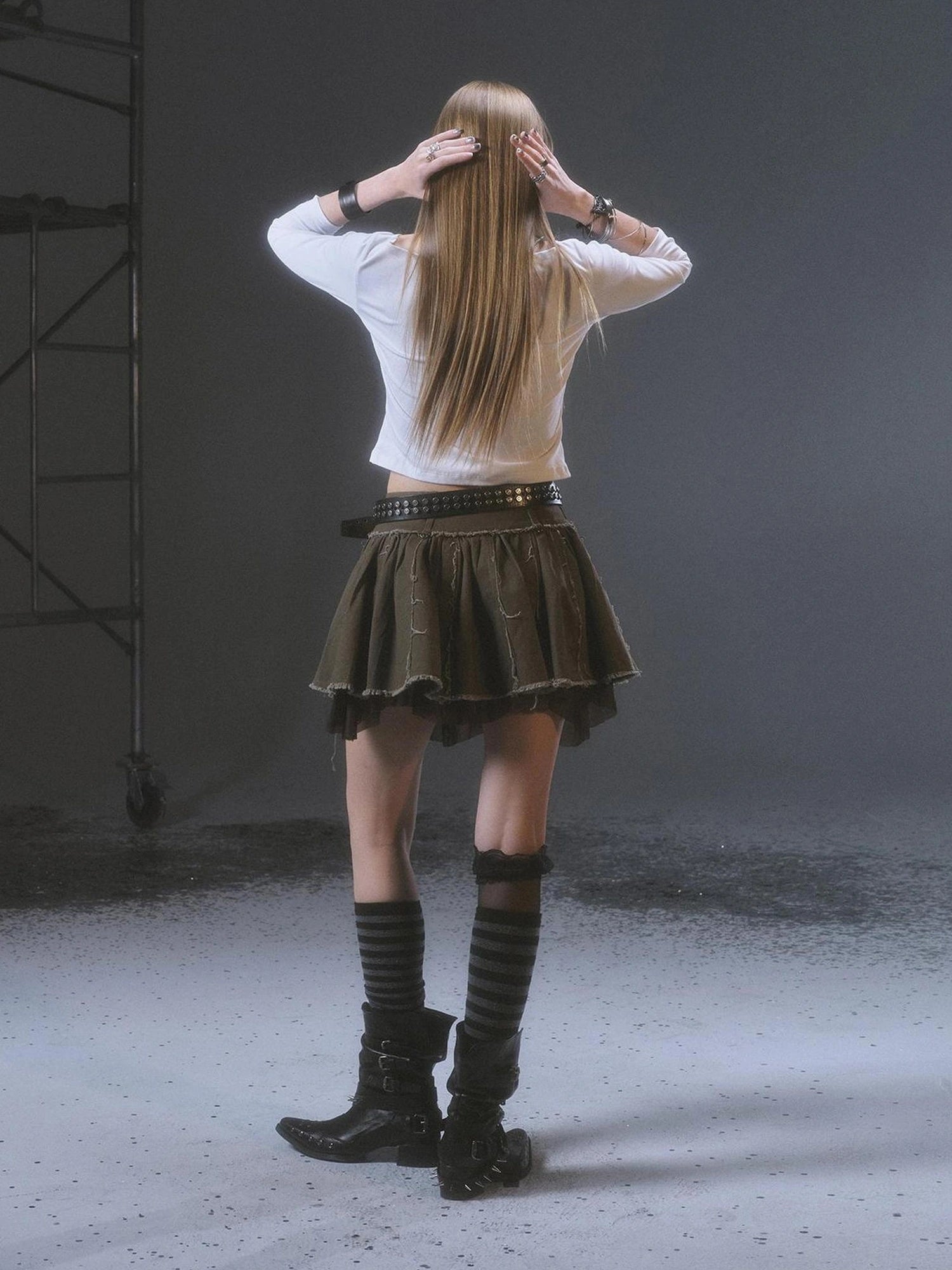 wear And tear Distressed Mesh Paneled Raw Hem Denim Mini Skirt