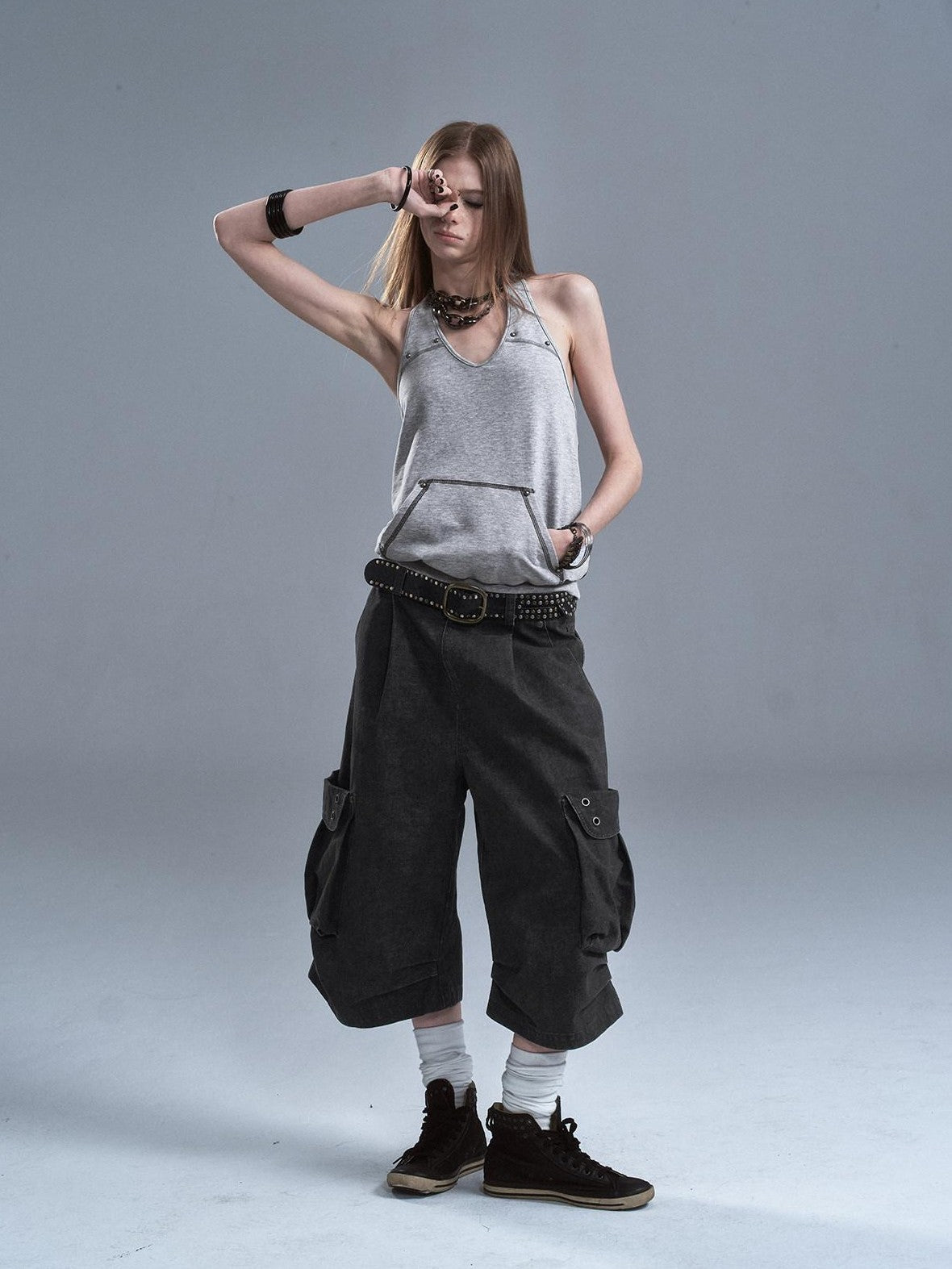 wear And tear Distressed Metal Rivets 3D Pocket Pleated Cargo Women&