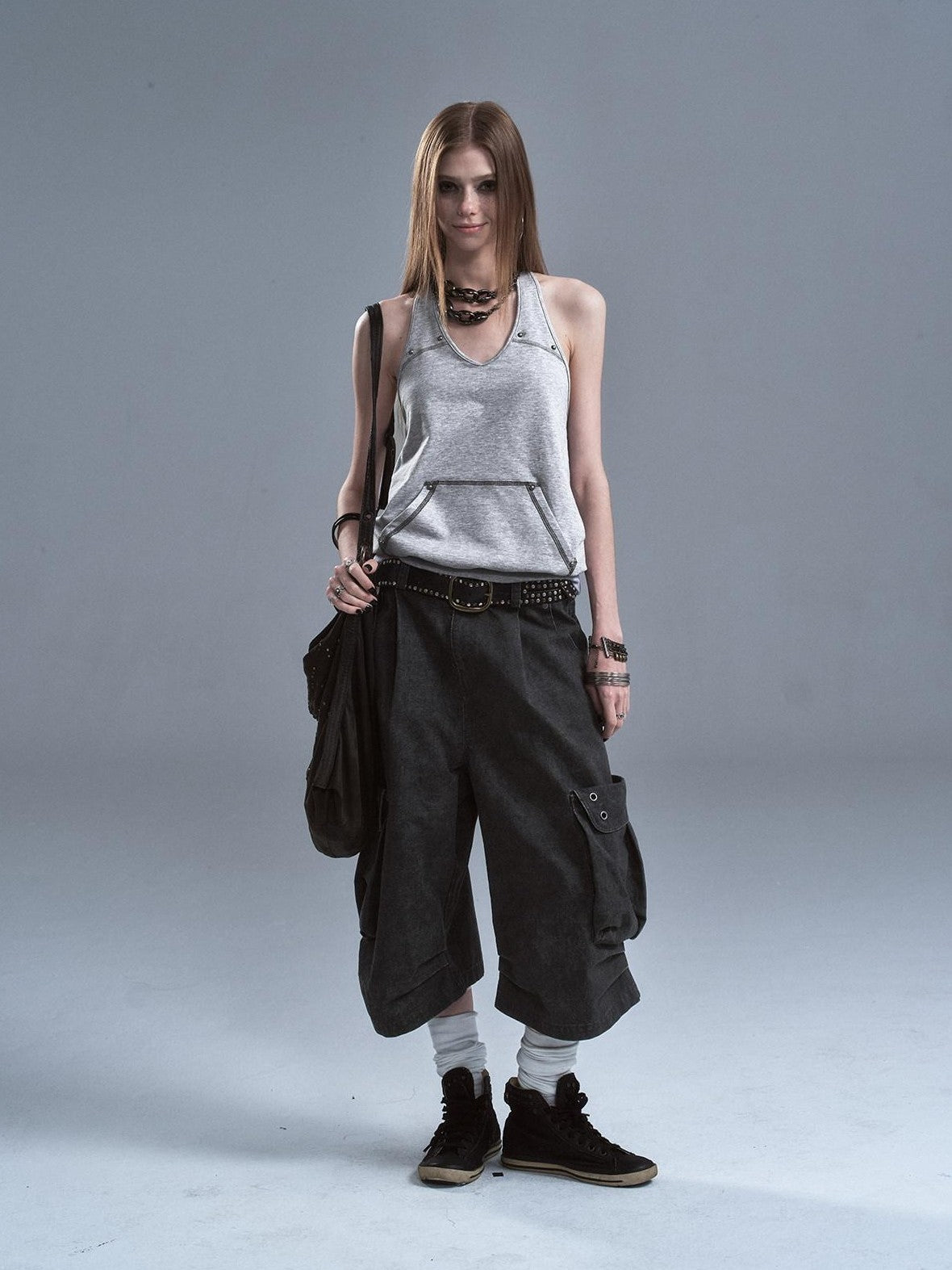 wear And tear Distressed Metal Rivets 3D Pocket Pleated Cargo Women&
