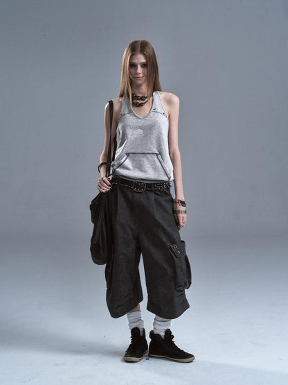 wear And tear Distressed Metal Rivets 3D Pocket Pleated Cargo Women&