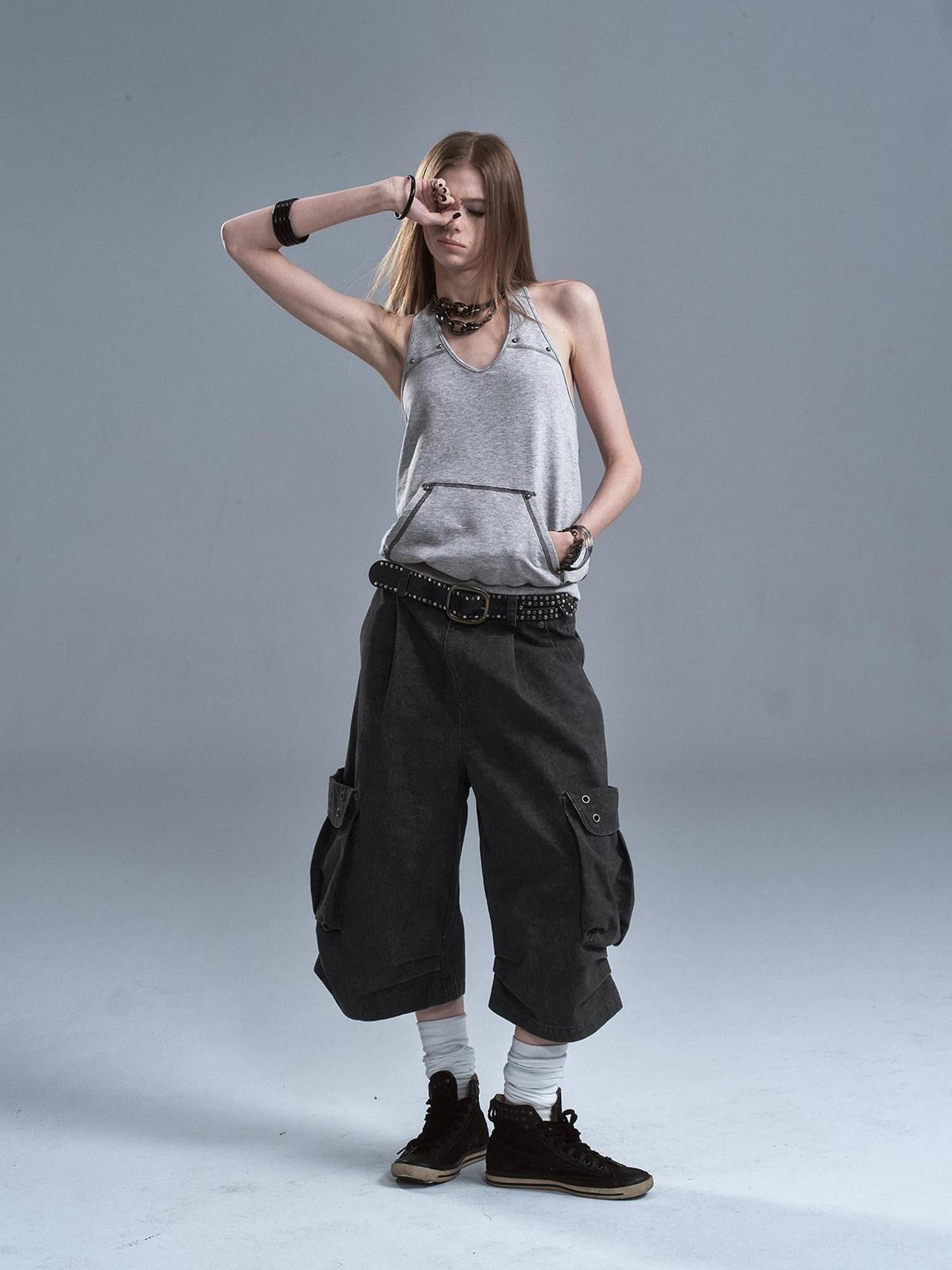 wear And tear Distressed Metal Rivets 3D Pocket Pleated Cargo Women&
