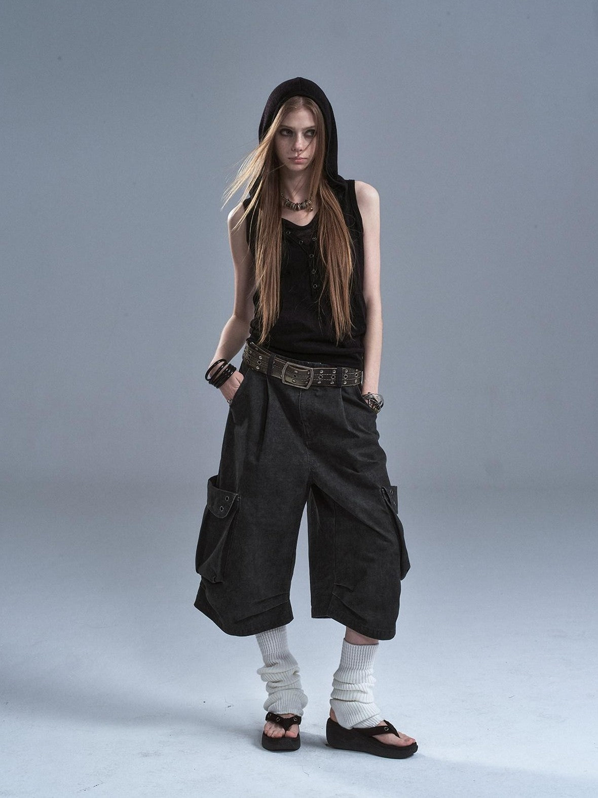wear And tear Distressed Metal Rivets 3D Pocket Pleated Cargo Women&
