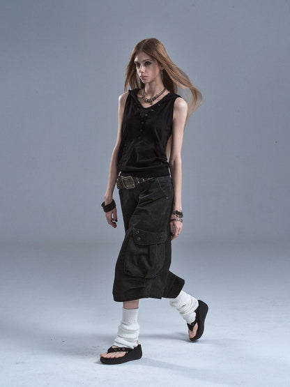 wear And tear Distressed Metal Rivets 3D Pocket Pleated Cargo Women&