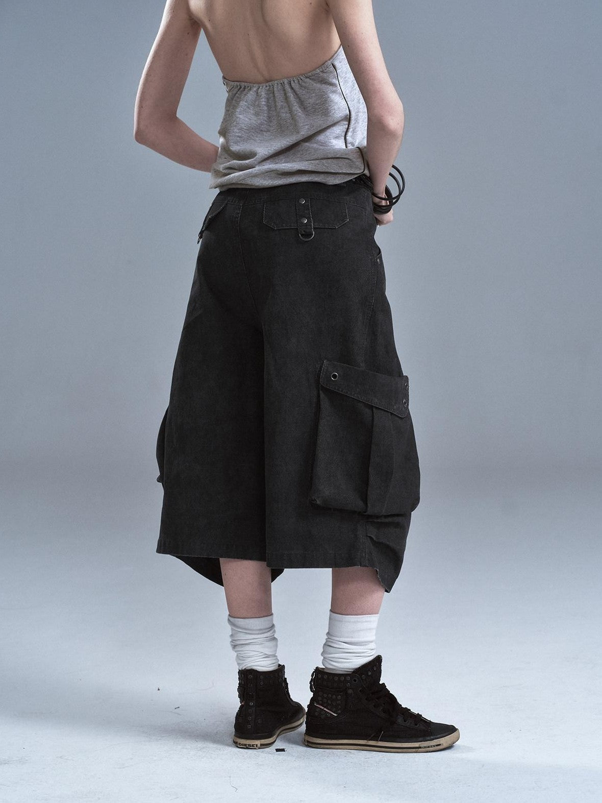 wear And tear Distressed Metal Rivets 3D Pocket Pleated Cargo Women&