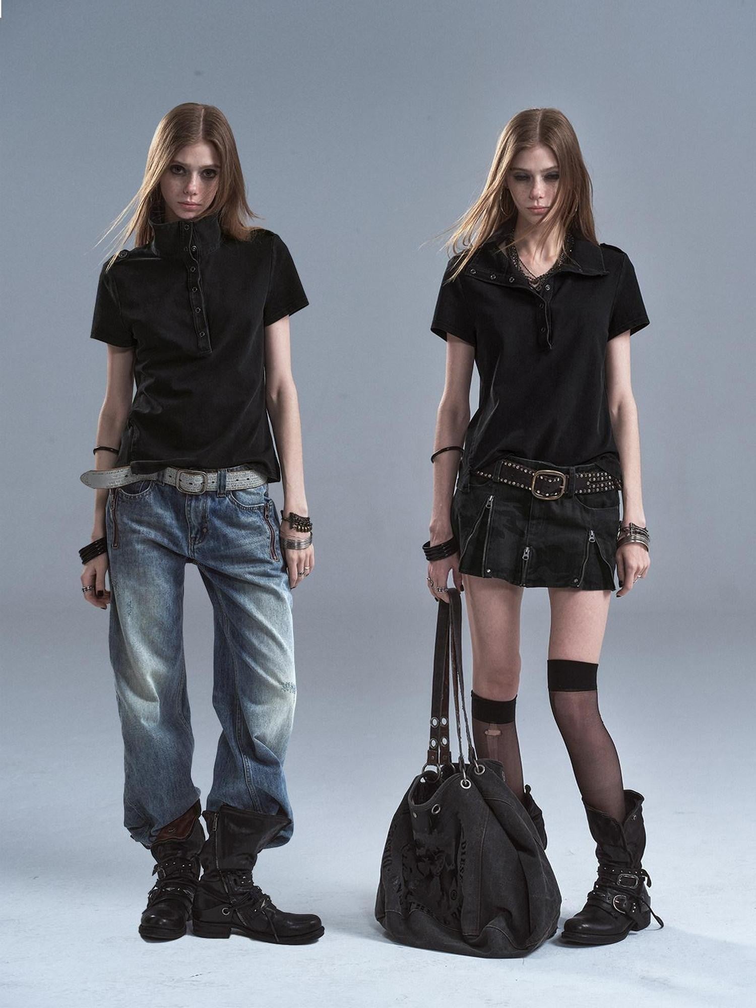 wear And tear Distressed Pique Metal Button Slit Collar Women&
