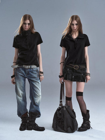 wear And tear Distressed Pique Metal Button Slit Collar Women&