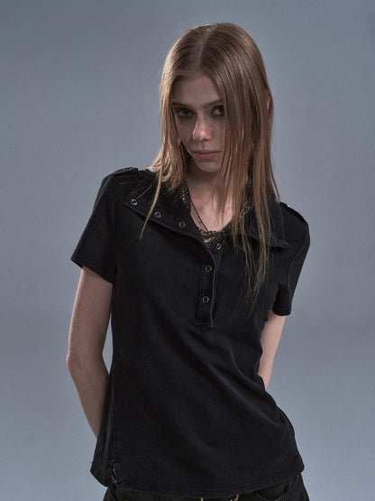 wear And tear Distressed Pique Metal Button Slit Collar Women&
