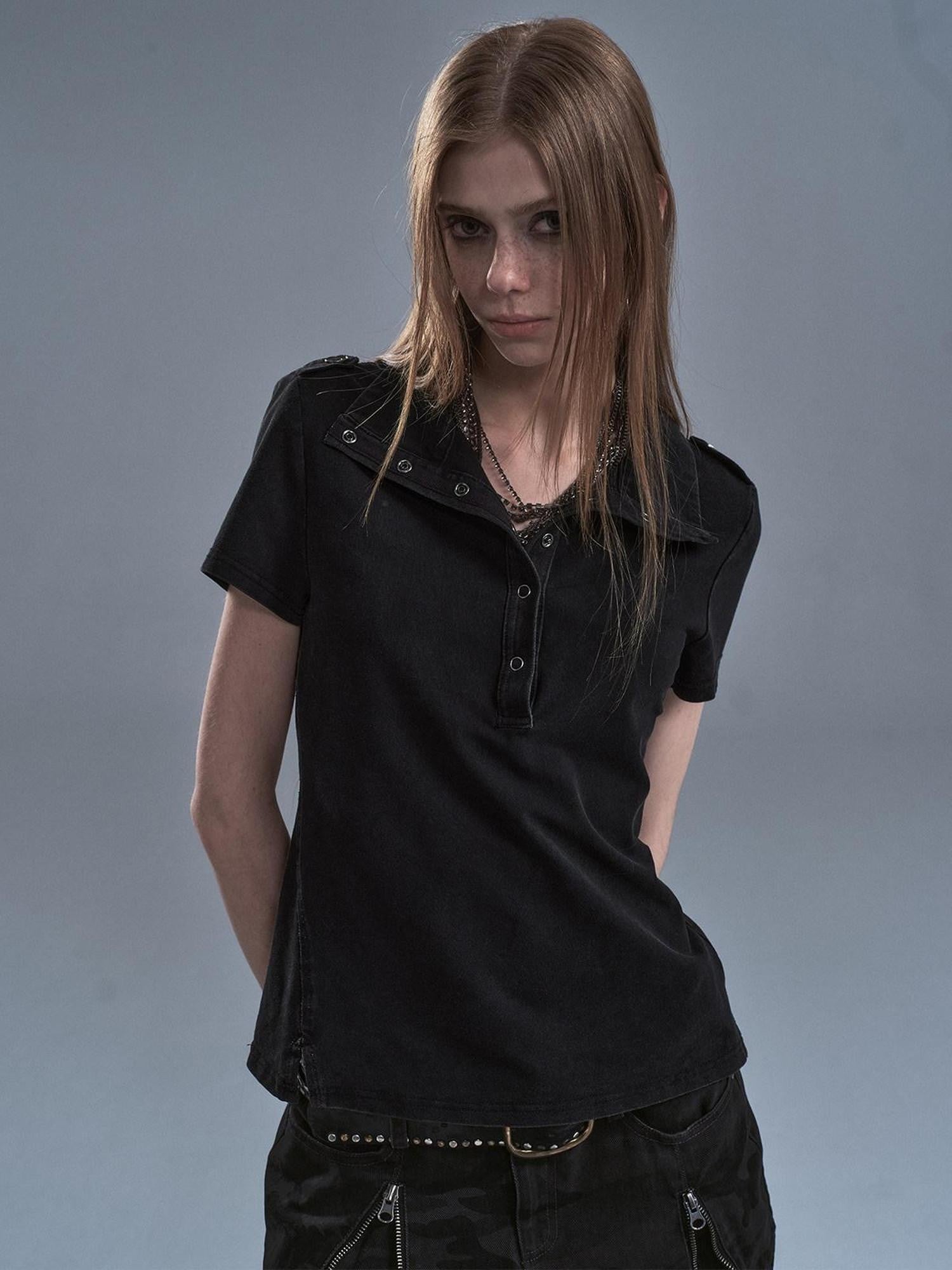 wear And tear Distressed Pique Metal Button Slit Collar Women&