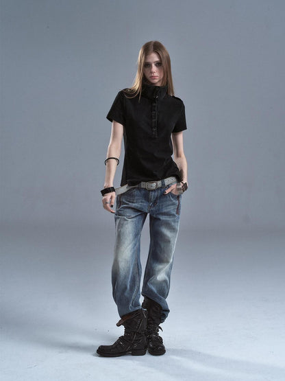 wear And tear Distressed Pique Metal Button Slit Collar Women&