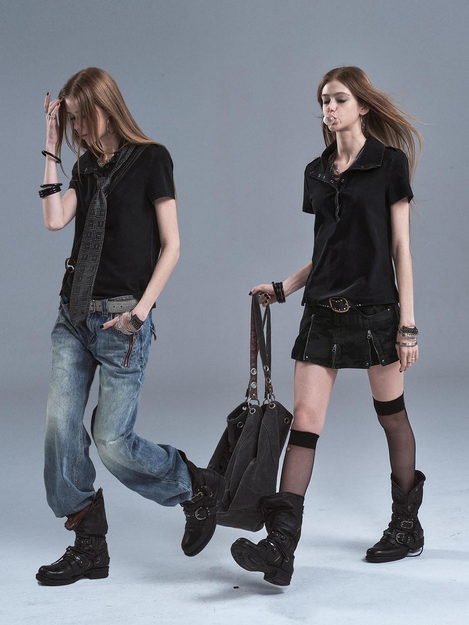 wear And tear Distressed Pique Metal Button Slit Collar Women&