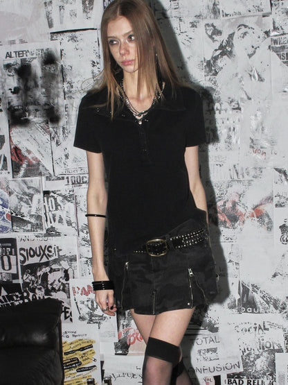 wear And tear Distressed Pique Metal Button Slit Collar Women&