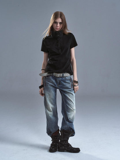 wear And tear Distressed Pique Metal Button Slit Collar Women&