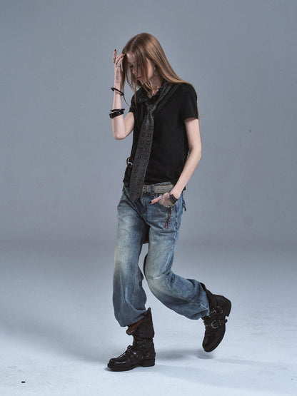 wear And tear Distressed Pique Metal Button Slit Collar Women&