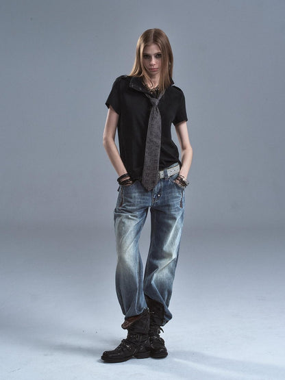 wear And tear Distressed Pique Metal Button Slit Collar Women&