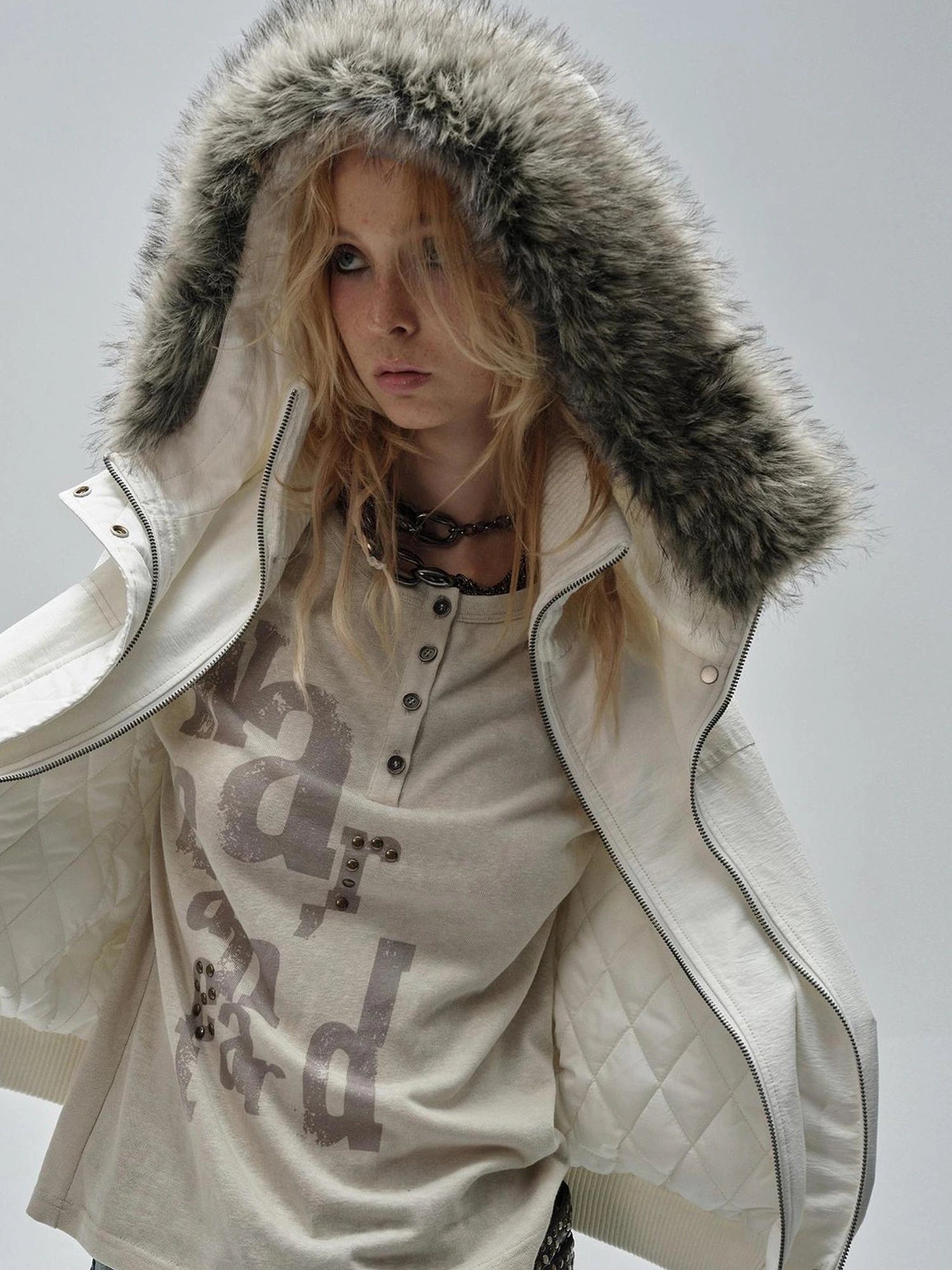 wear And tear Double Placket High Neck Hooded Cotton Jacket