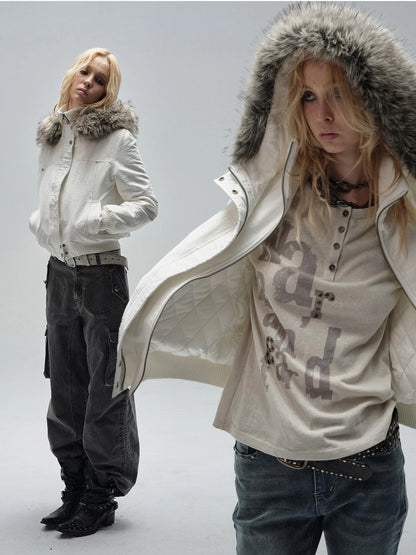 wear And tear Double Placket High Neck Hooded Cotton Jacket
