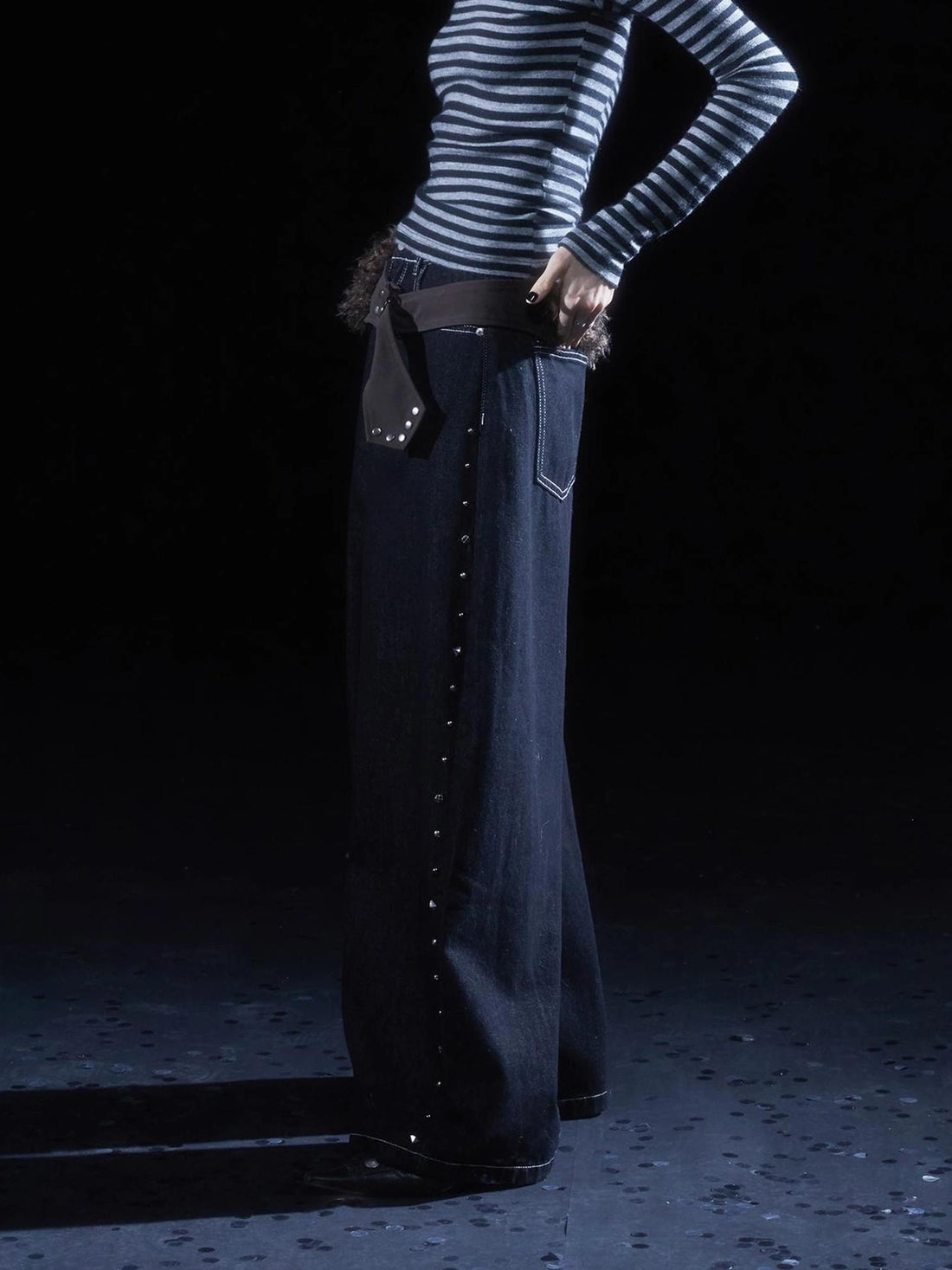 wear And tear Double Rivet Washed Wide Leg Denim Pants