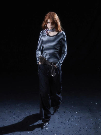 wear And tear Double Rivet Washed Wide Leg Denim Pants