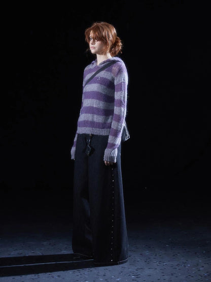 wear And tear Double Rivet Washed Wide Leg Denim Pants
