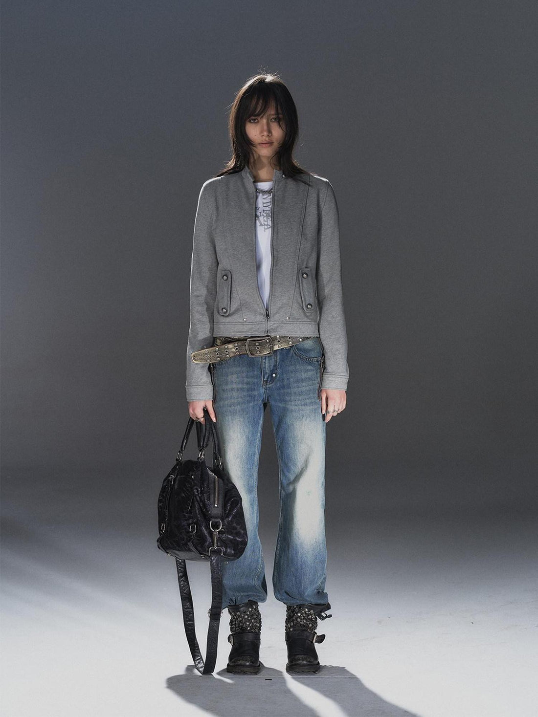 wear And tear Edgy Punk Slim Cropped Zipper Stand Collar Metal Details Cotton Blend Jacket