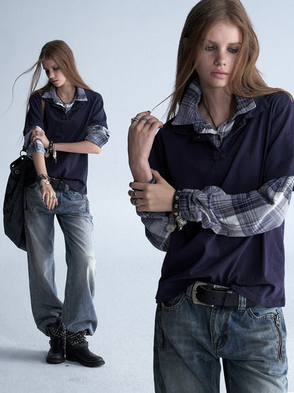 wear_And_tear_Enzyme_Washed_Plaid_Patchwork_Faux_Layered_Double_Collar_Women&