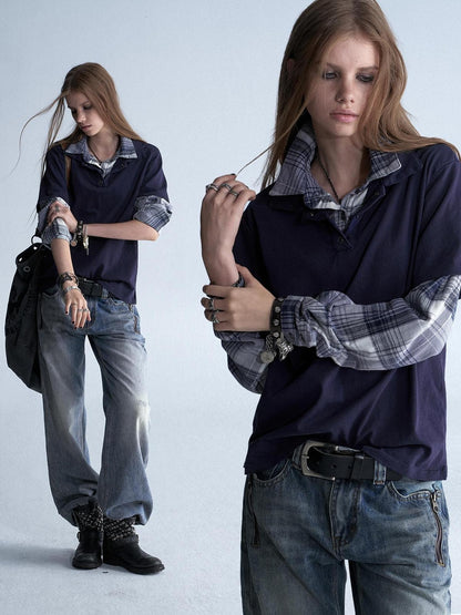 wear And tear Enzyme Washed Plaid Patchwork Faux Layered Double Collar Women&