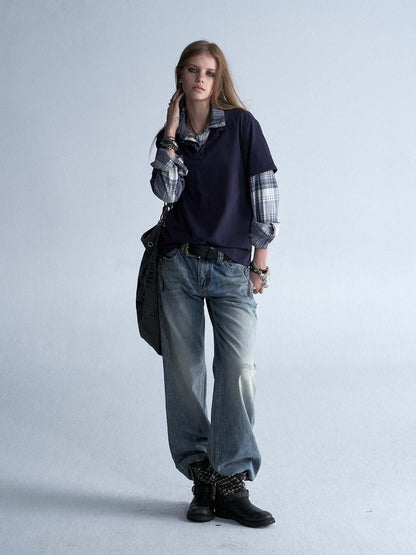 wear And tear Enzyme Washed Plaid Patchwork Faux Layered Double Collar Women&