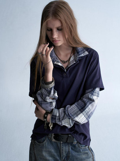 wear And tear Enzyme Washed Plaid Patchwork Faux Layered Double Collar Women&