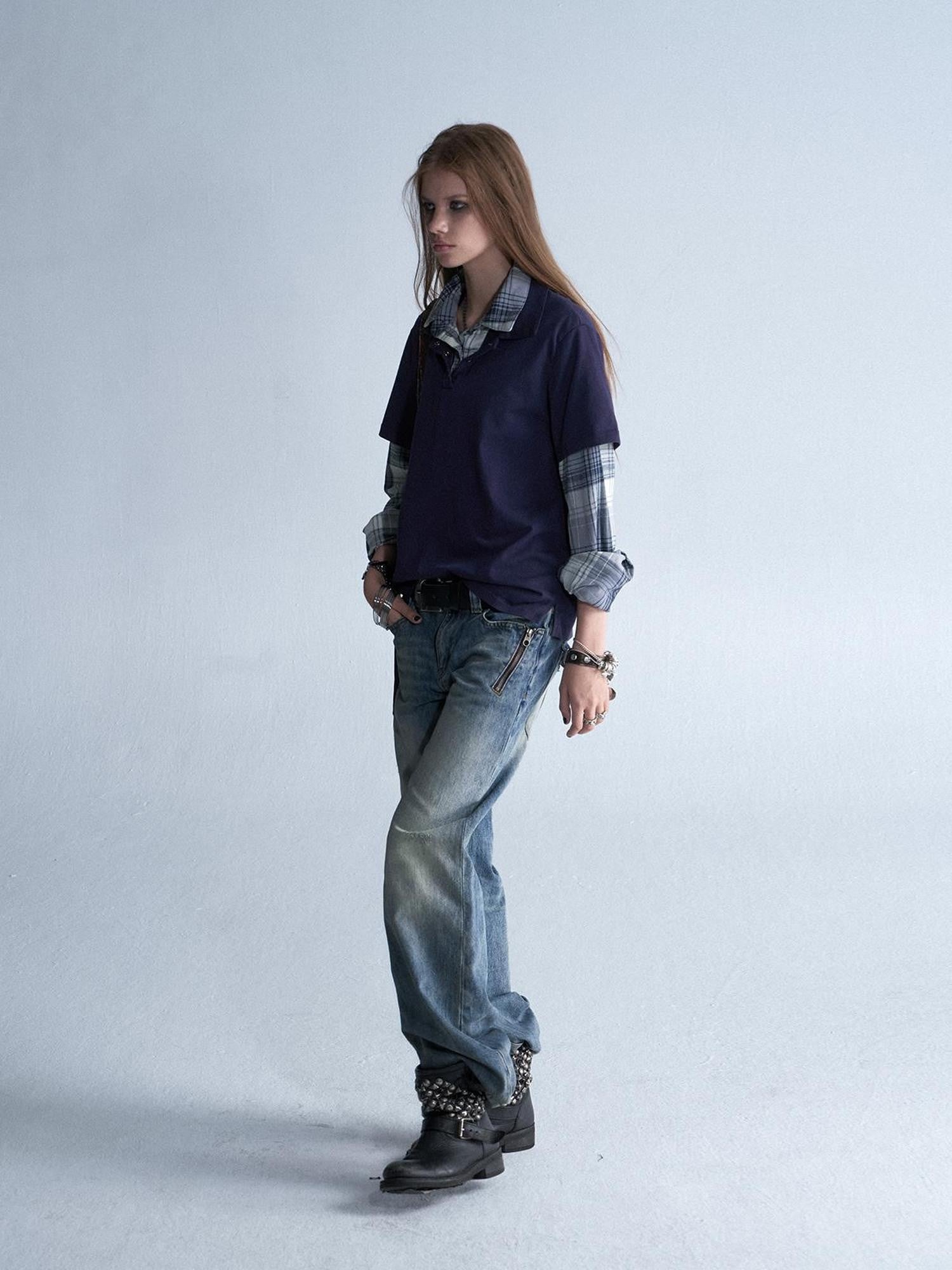 wear And tear Enzyme Washed Plaid Patchwork Faux Layered Double Collar Women&