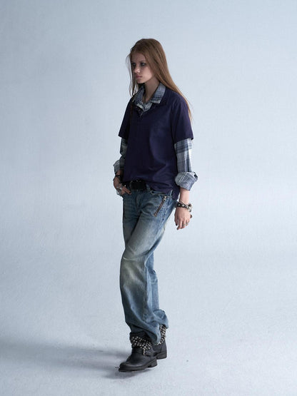 wear And tear Enzyme Washed Plaid Patchwork Faux Layered Double Collar Women&