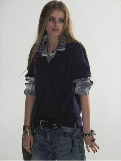 wear And tear Enzyme Washed Plaid Patchwork Faux Layered Double Collar Women&