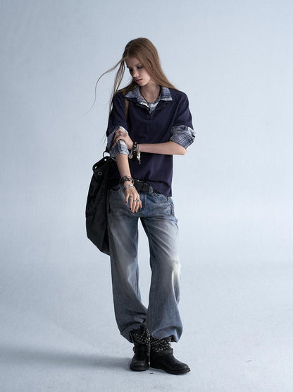 wear And tear Enzyme Washed Plaid Patchwork Faux Layered Double Collar Women&