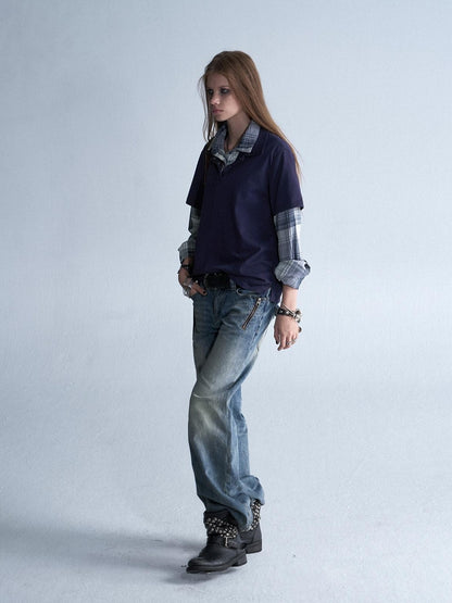 wear And tear Enzyme Washed Plaid Patchwork Faux Layered Double Collar Women&