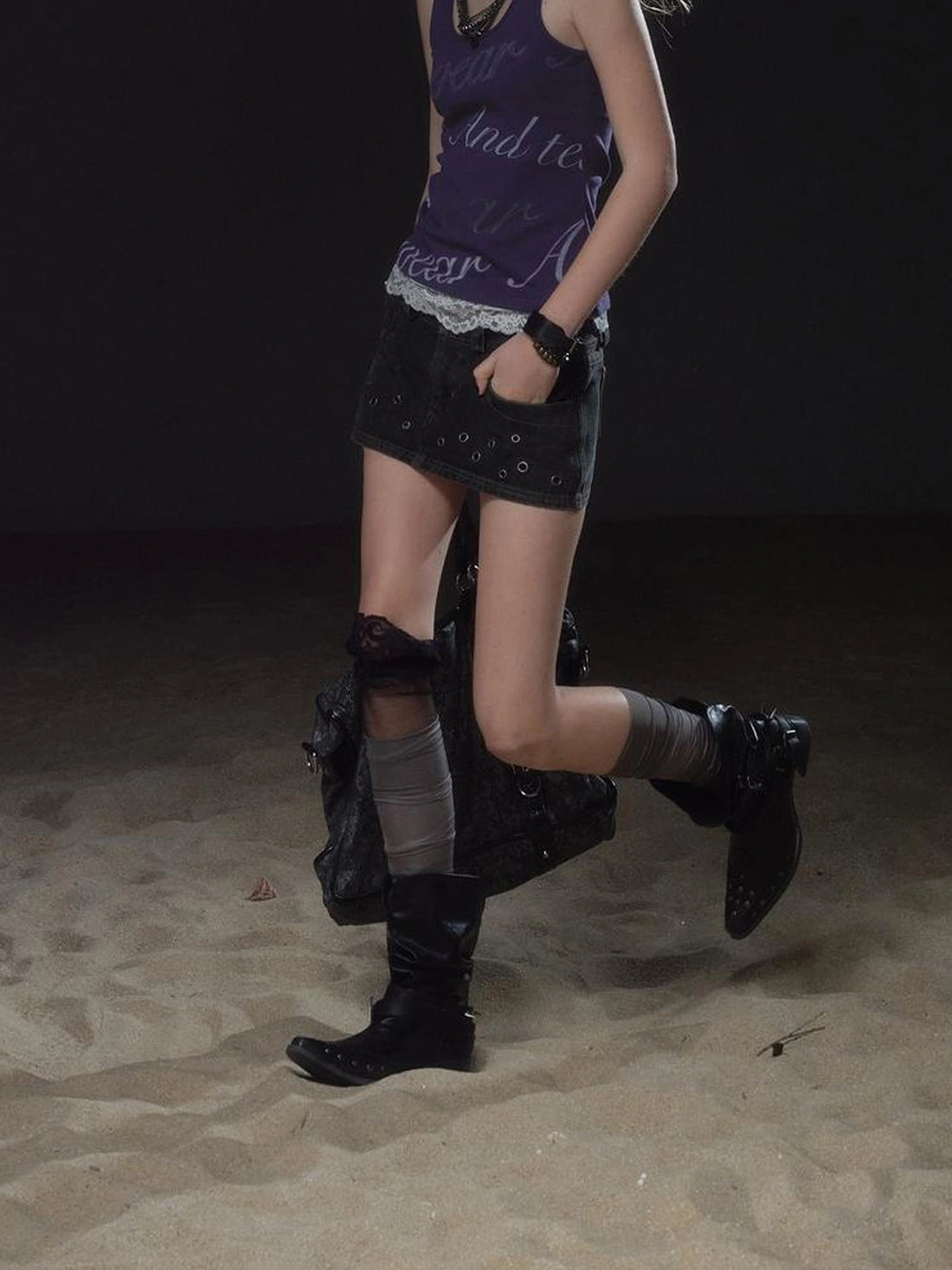 wear And tear Eyelet Trimmed Denim Mini Skirt With Lining