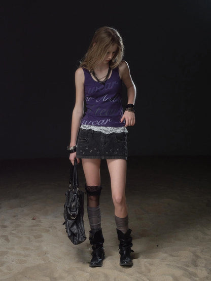 wear And tear Eyelet Trimmed Denim Mini Skirt With Lining
