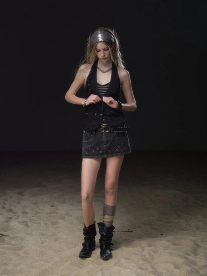 wear And tear Eyelet Trimmed Denim Mini Skirt With Lining