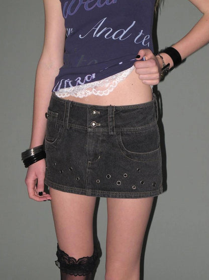 wear And tear Eyelet Trimmed Denim Mini Skirt With Lining