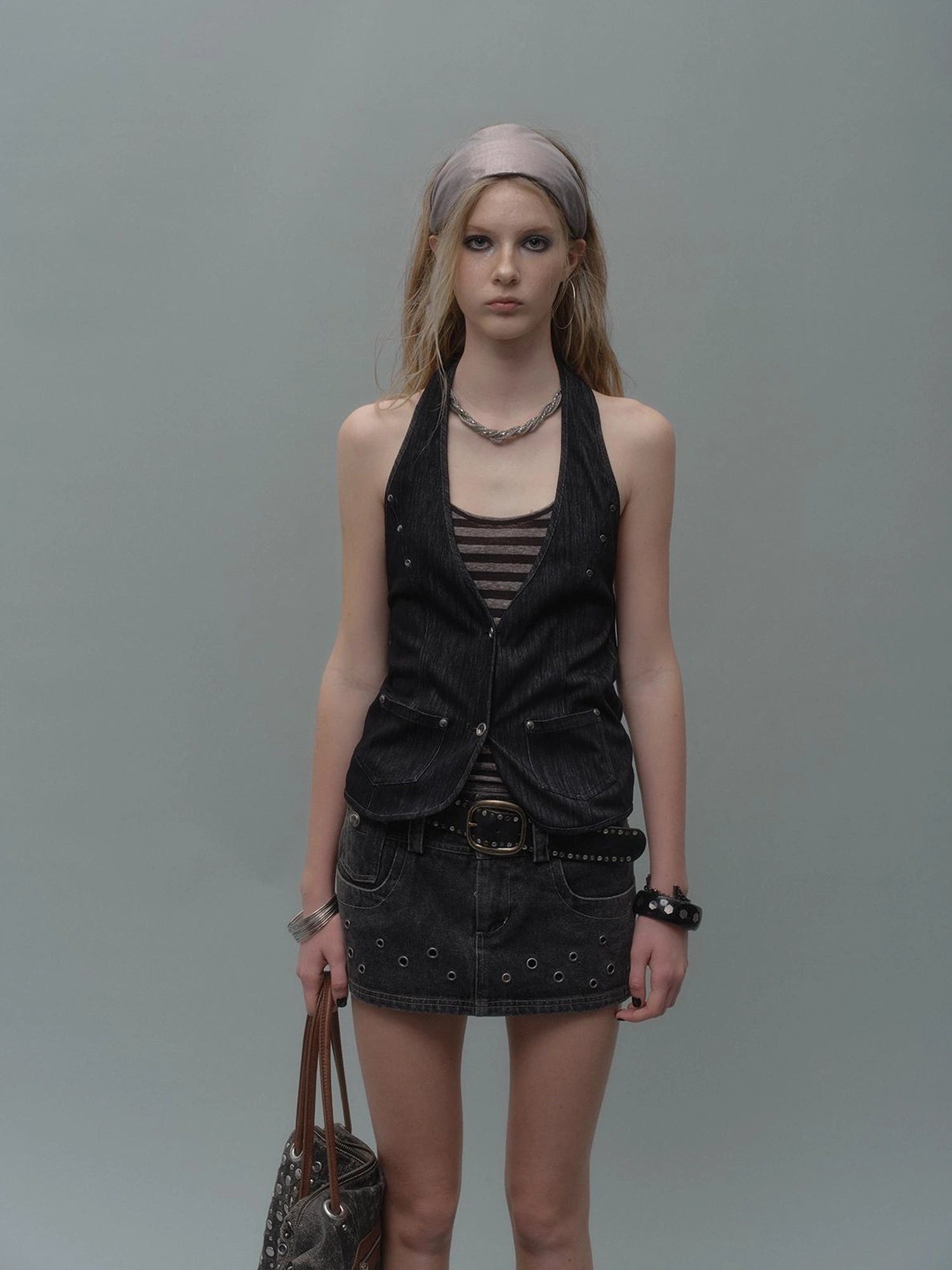 wear And tear Eyelet Trimmed Denim Mini Skirt With Lining