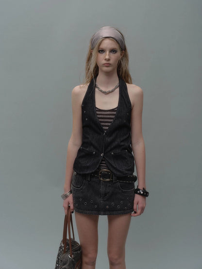wear And tear Eyelet Trimmed Denim Mini Skirt With Lining