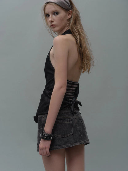 wear And tear Eyelet Trimmed Denim Mini Skirt With Lining