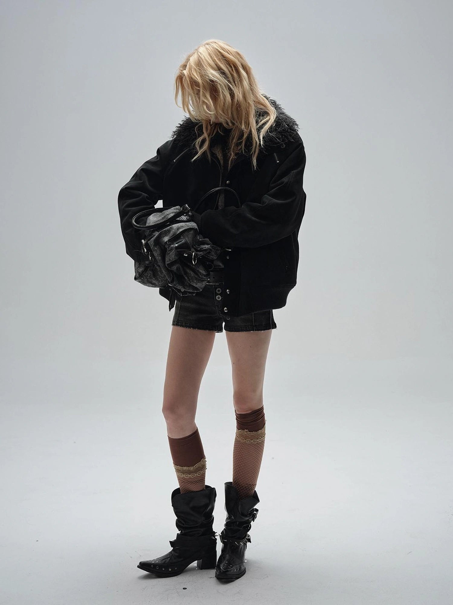 wear And tear Faux Shearling Collar Zip Up Pu Jacket