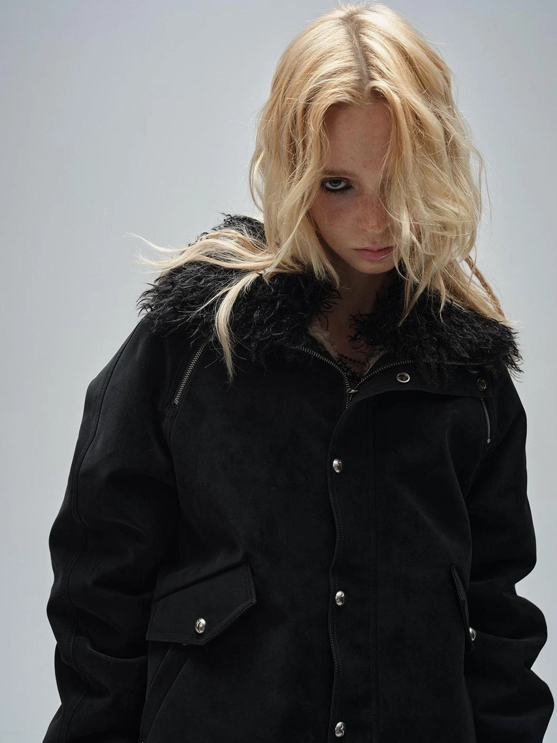 wear And tear Faux Shearling Collar Zip Up Pu Jacket