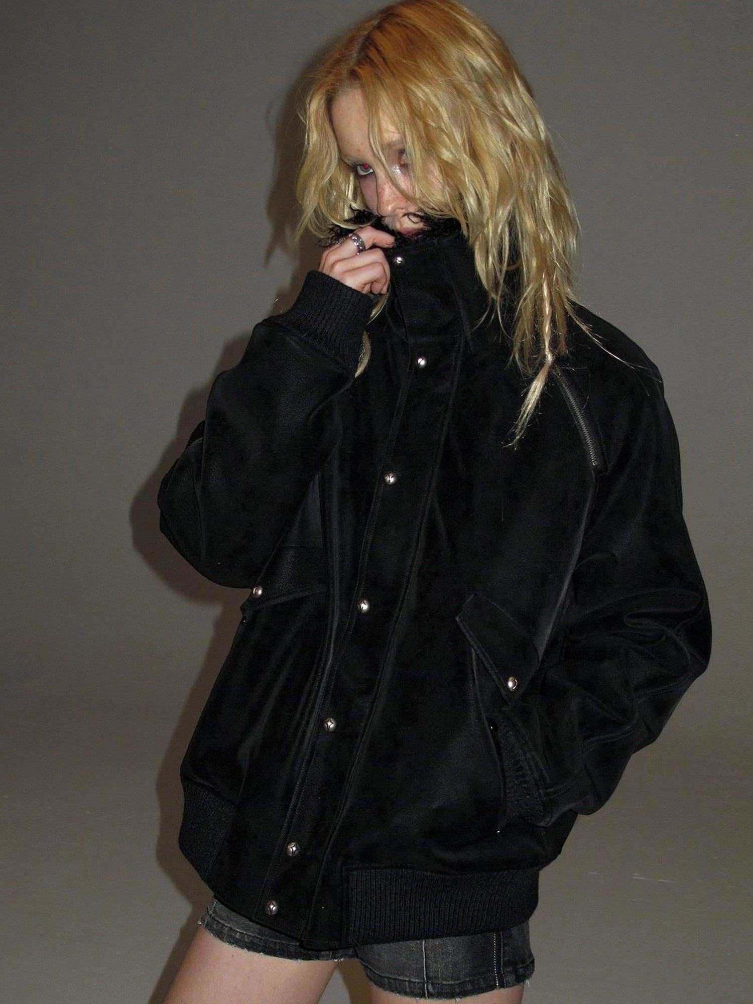 wear And tear Faux Shearling Collar Zip Up Pu Jacket