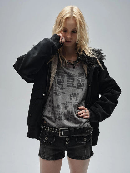 wear And tear Faux Shearling Collar Zip Up Pu Jacket