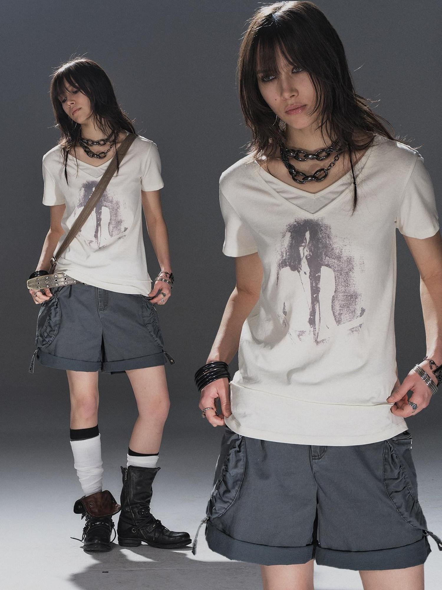 wear And tear Frayed Layered V-neck Portrait Print Women&